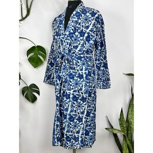 Men's Pure Cotton Robe <b>Kimono</b> Elegant Summer <b>Beach</b> Coverup for Smoking Lounge Wear Funky White Blue Handblock Swimsuit Cover Ups - Product Image 4