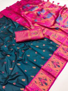 Nueva colección de blusa de seda Pethani suave Sari con tejido intrincado Zari y diseño rico Pallu ropa india y pakistaní - Product Image 5