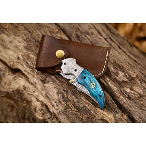 Cuchillo de bolsillo plegable EDC de acero de Damasco personalizado hecho a mano mango de madera exótica Funda de cuero con hoja de 3 pulgadas-para acampar DIY soporte OEM - Product Image 2