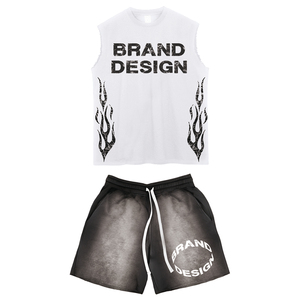 Men's Two-Piece Knitted Cotton Acid Wash Short Set Sleeveless Men's T-Shirt Raw Edge Sweat Shorts for Summer Formal 3D Pattern - Product Image 2