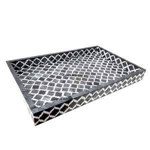 Handmade Designer Horizontal <b>Grey</b> Bone Inlay Rectangle Resin Modern Farmhouse Multi-Functional Serving Tray Premium Quality - Product Image 1