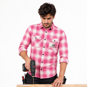 เสื้อเชิ้ตทำงานแขนยาวลายสก็อตสีชมพูสำหรับผู้ชาย ผ้าฝ้าย สวมใส่สบาย พิมพ์ลายโลโก้ด้านหน้า - Product Image 6