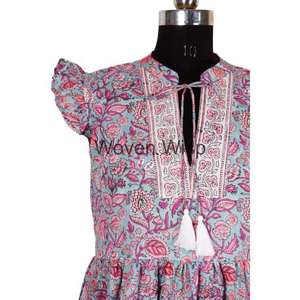 Túnica de algodón étnica hecha a mano india, Tops casuales estampados a mano con patrón Floral, logotipo de espalda blanca sólida para la temporada de otoño - Product Image 3