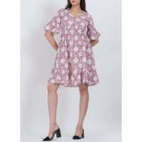Robe Courte Bohème Florale Col V Manches Mi-Longues 100% Coton Coupe Ajustée Décontractée Respirante pour Invitée de Mariage Soirée Club Fourniture ODM