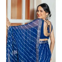 Sari Banarasi Leheriya Bleu Cloche, Chiffon Pur de Haute Qualité, Robe Ethnique Indienne, Taille Unique pour Filles, Tenue de Soirée, Bollywood, Pakistan