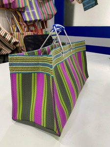 Handloom Woven Recycled Plastic Striped Design Reusable <b>Nylon</b> Market <b>Bag</b> Fashionable Indian Style <b>Zipper</b> Closure Metal Handle - Product Image 2
