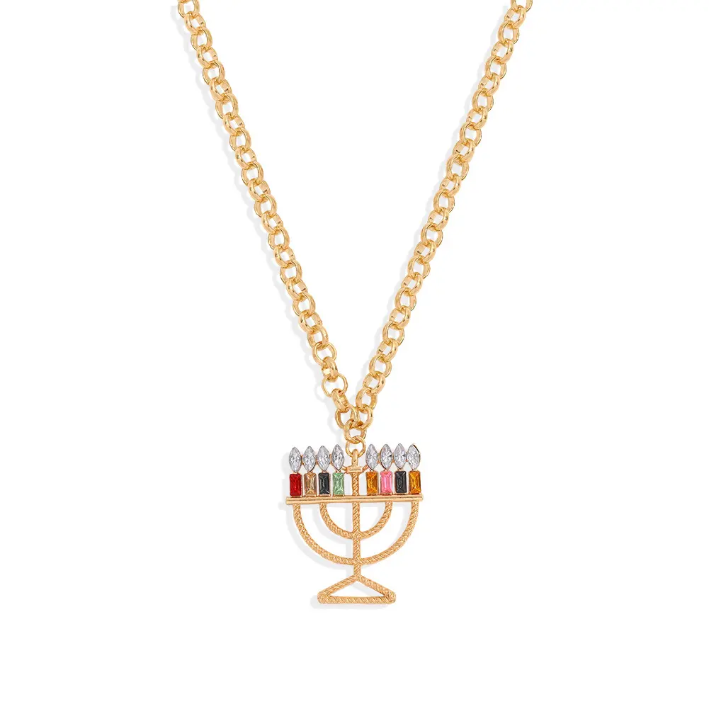 Fashion Metal Rhinestone Hanukkah Menorah Candle Holder Pendant Necklace Israel Jewelry Religious Chain Necklaces