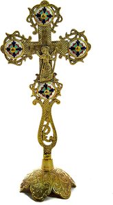 Mesa de pie Altar Crucifijo Jesucristo Lujo Cuadrado Latón Bendición Cruz Hecho a mano Griego Ortodoxo Bizantino Chapado en oro Santo - Product Image 2
