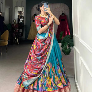 Lehenga choli สีฟ้าสดใสสำหรับงานเลี้ยงเจ้าสาวงานปาร์ตี้สาวๆพิมพ์ลายคาลามารีแบบดั้งเดิมของผู้หญิง - Product Image 1