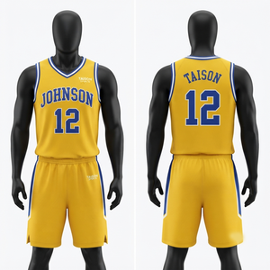 Uniforme de Baloncesto Personalizado para Hombre, 160 GSM, Malla de Poliéster, Amarillo con Paneles Laterales Azules, Sublimación, Conjunto de Camiseta de Equipo - Product Image 1