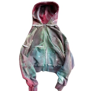 Sudadera con capucha con cremallera de algodón pesado 500 Gsm, diamantes de imitación personalizados, cuadrado, de gran tamaño, desgastado, Vintage Splash, primavera lavada - Product Image 1