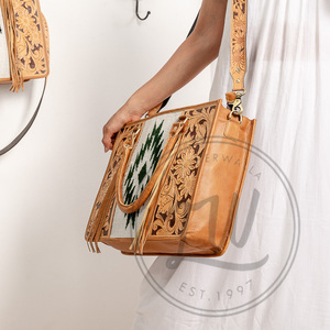 Handmade Large Cowhide Tote <b>Shoulder</b> <b>Bag</b> Genuine Leather with Tooling Patch Mid Hairon Matching <b>Straps</b> Portable Feature - Product Image 2