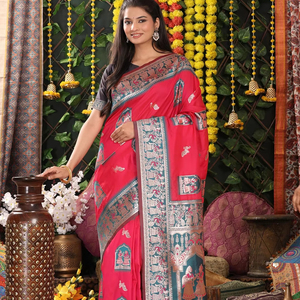 Saris en soie de Banarasi pure de qualité supérieure avec des motifs tissés sur toute la surface et un design de pallu classique - Vêtements de soirée formels - Product Image 2