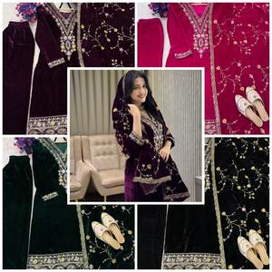 Antra Lifestyle Designer Bollywood Party Wear Viscose Velvet Heavy Sequence Brodé Salwar Kameez Réversible Rivet Moti Work - Product Image 6