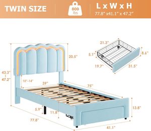 <span class=keywords><strong>Lit</strong></span> réglable à plateforme double Chic Tête de <span class=keywords><strong>lit</strong></span> LED Tiroir de rangement rembourré Velours Wavy Princess Lattes Bois massif Enfants/Filles - Product Image 6