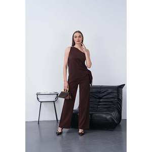 Conjunto de Dos Piezas Mybeefashion para Mujer: Top Tipo Chal de Mezcla Modal Cómodo y Pantalones con Cintura Elástica - Atuendo Casual Marrón para Adultos - Product Image 1