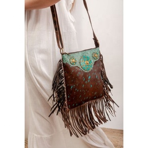 High Quality <b>Boho</b> Vintage Women's Western-Style Turquoise Stone Leather Shoulder <b>Bag</b> Single Strap Embroidery Fringe New Hide Fur - Product Image 1