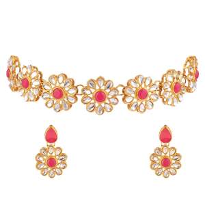 Indian Bridal Set Designer Flower Ethnic Crystal Choker Traditional <b>Necklace</b> Wedding Jewellery Dangle Earring <b>For</b> <b>Women</b>, Pink - Product Image 5