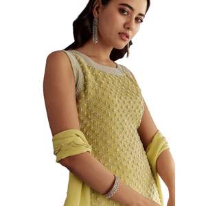 ชุด kurta ผ้าโปร่งบางสีเขียวมะนาวอ่อนพร้อมปักเย็บริมหอยเชลล์สำหรับงานแต่งงานงานเลี้ยงฉลองและโอกาสพิเศษ - Product Image 5