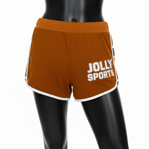 Shorts de poliéster y spandex premium para mujer, color naranja con ribetes blancos, paneles laterales de malla, logotipo personalizado con serigrafía. Shorts para mujer. - Product Image 2