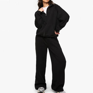 Survêtement pour femme avec col, poignets et ourlet côtelés, pantalon large pour un ajustement confortable et décontracté, design uni avec logo personnalisé - Product Image 1