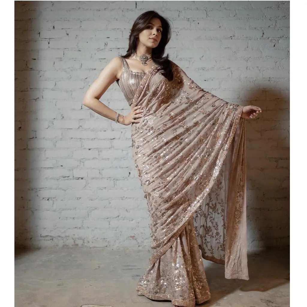 Gaya Bollywood Gaya Terbaru Georgette Cantik Payet Bordir Sari Pakaian Pesta untuk Pernikahan dan Pesta untuk Wanita