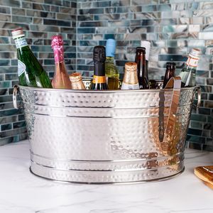 Fancy Design Oval Ice <b>Bucket</b> With Handle Stainless Steel Hammered Bar Ware and Party Wine Cooler <b>Champagne</b> Ice <b>Bucket</b> - Product Image 1