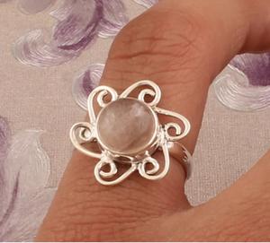 Anillo de piedras preciosas redondas de cuarzo rosa Natural de Plata de Ley 925, anillo de plata hecho a mano con flor de diseñador para mujer, Idea de regalo de boda - Product Image 2