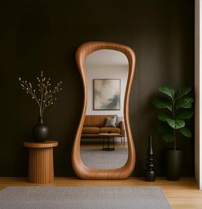 Premium Handmade Art Deco Real Walnut Wood Asymmetrical Full Length <b>Mirror</b> Modern Home Decor Affordable - Product Image 4