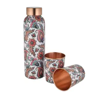 多色印刷铜水瓶，带玻璃，3件套，不同款式，来自印度，质量最好的批发商