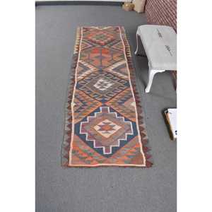 พรมวินเทจตุรกี, พรมคิลิมขนาด 2.9x8.7 ฟุต, พรมขนสัตว์ลายพรางสีน้ำเงินส้ม - Product Image 1