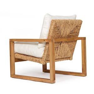 Chaise longue en teck avec corde en rotin et coussin pour meubles de jardin en plein air - Asty - Product Image 4