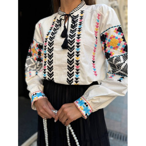 <b>Women's</b> Floral Embroidery Tunic Summer O Neckline Short Tunic Tie <b>Strings</b> Heavy Tassels Full Sleeves Casual Party Wear Woven - Product Image 1