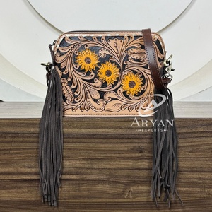Wholesale Crossbody Bag Hot Selling Sunflower Design Hand Tooled Genuine Leather <b>Handbag</b> Elegant & Fashionable Women Fringe Bag - Product Image 1