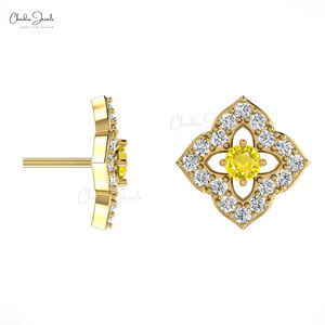 ต่างหูแซฟไฟร์และเพชรปูทางสำหรับผู้หญิงกระดุมทอง14K ลายดอกไม้ดีไซน์ล่าสุด - Product Image 6