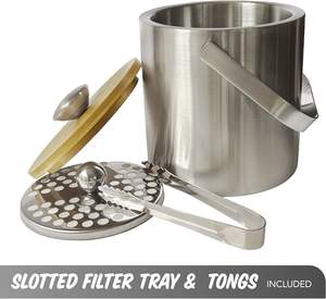 Cubo de hielo con aislamiento de doble pared con tapa de bambú Soporte de hielo de acero inoxidable con pinzas y colador Ideal para cocina al aire libre - Product Image 2