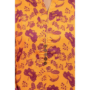 Vestido Casual Holgado de Manga Larga con Cuello Redondo, Estampado Floral y Cola, de Algodón y Fibra de Bambú Naranja para Mujer - Product Image 2