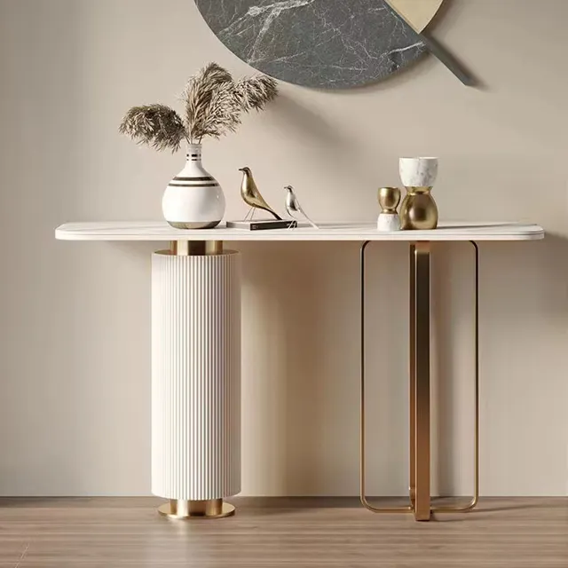 Meubles de salon en acier inoxydable métal luxe moderne diamant miroir couloir marbre dessus console table