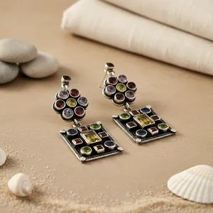 Bohemian 925 Silver Drop <b>Earrings</b> With Multicolor Crystal Rhinestones Geometric Design Women's Jewelry - Product Image 3