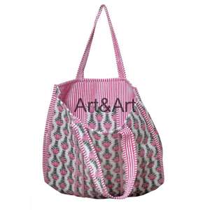 Sac fourre-tout en coton matelassé vintage pour femmes Deux sangles Fermeture ouverte Bandoulière Imprimé en bloc Design tendance Grand - Product Image 4