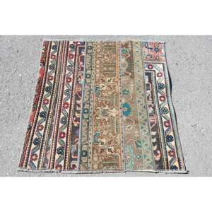 <b>Vintage</b> Turkish Wool Area <b>Rug</b> 3' X 3' Beige and Blue Classic Style with Patchwork Design Latex Backing for Teens and Adults - Product Image 1