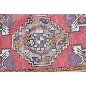 Vintage Turkish Small Rug 1.6x3 ft <b>Red</b> Blue Moroccan Patchwork <b>Wool</b> Rug with Eco-Friendly Latex Backing - Product Image 4
