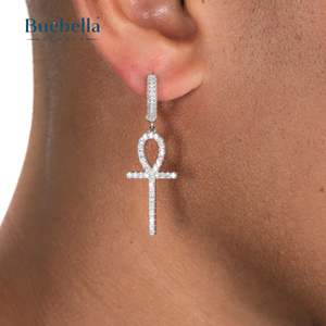 Gran oferta, pendientes de diamantes de Hip Hop con Cruz Ankh chapada en oro blanco de Plata de Ley 925, joyería para hombres - Product Image 1