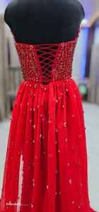 ชุดราตรีนางเงือกสุดหรู ทำด้วยมือด้วยลูกปัดคริสตัลสีแดงเข้ม แต่งลูกไม้ลายดอกไม้ ดีไซน์ใหม่ - Product Image 4