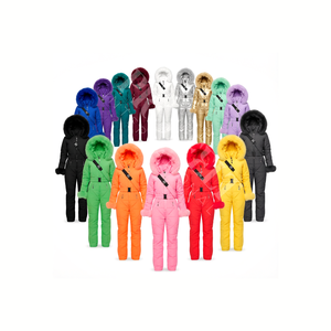 ชุดสกีแบบเต็มตัวบุหนาสำหรับฤดูหนาวจากโรงงานขายส่ง พร้อมฮู้ดขนเทียม ชุดจั๊มสูทสำหรับเล่นสกีแบบเย็บติดกันให้ความอบอุ่น เหมาะสำหรับการเดินทางกลางแจ้งในหิมะ - Product Image 1