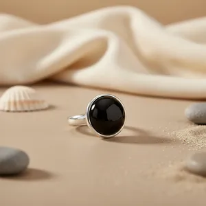 <b>Women's</b> Fashionable Gold-Plated Stainless Steel Gemstone <b>Ring</b> with Bezel Setting Silver Onyx Inlay - Product Image 3