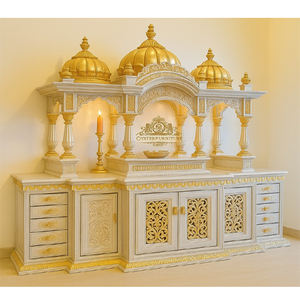Templo blanco y dorado de gran tamaño con gabinetes de almacenamiento Mandir de aspecto de mármol de madera de teca duradera de alta calidad para la decoración de muebles del hogar - Product Image 1
