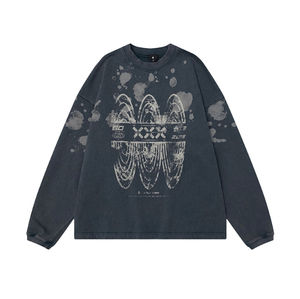 Venta al por mayor 430g peso pesado peinado algodón cuello redondo sudadera moda Retro desgastado lavado hombres sudadera - Product Image 1