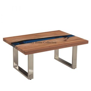 Centre de table Design unique avec plateau en bois et cadre métallique Tube en acier inoxydable couleur argent poli miroir fait à la main - Product Image 1