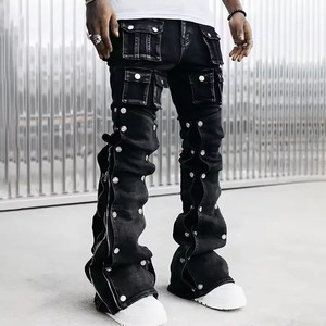 Pantalones vaqueros lavados personalizados de mezclilla apilados sueltos de talla grande Pantalones vaqueros de mezclilla con múltiples bolsillos de calle alta Pantalones vaqueros de borde crudo - Product Image 1